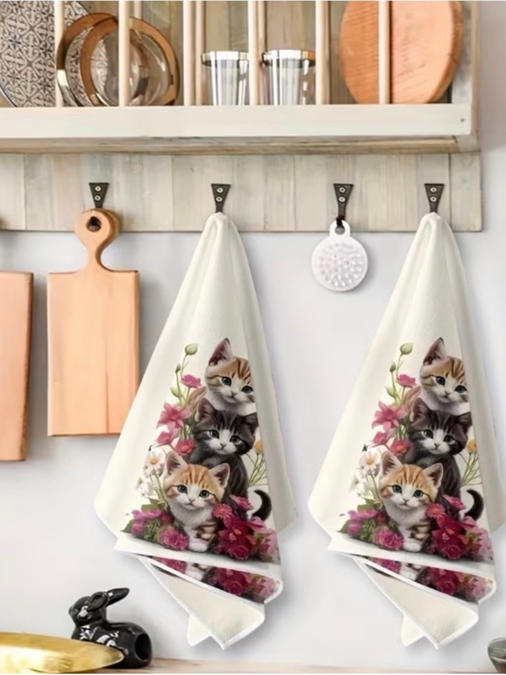 NWT Cute Kitten Floral Hand Towels Set of 2 Coquette Cottagecore Cat Decor - Picture 4 of 4